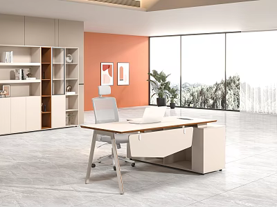 Modern Office Interior With Desk Chair White Cabinets Orange Wall And Large Windows 3d model