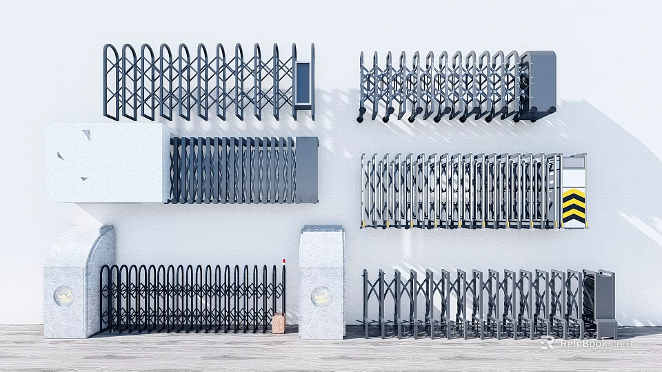 Different Retractable Security Gates With Metal Construction And Modern Styles 3d model 