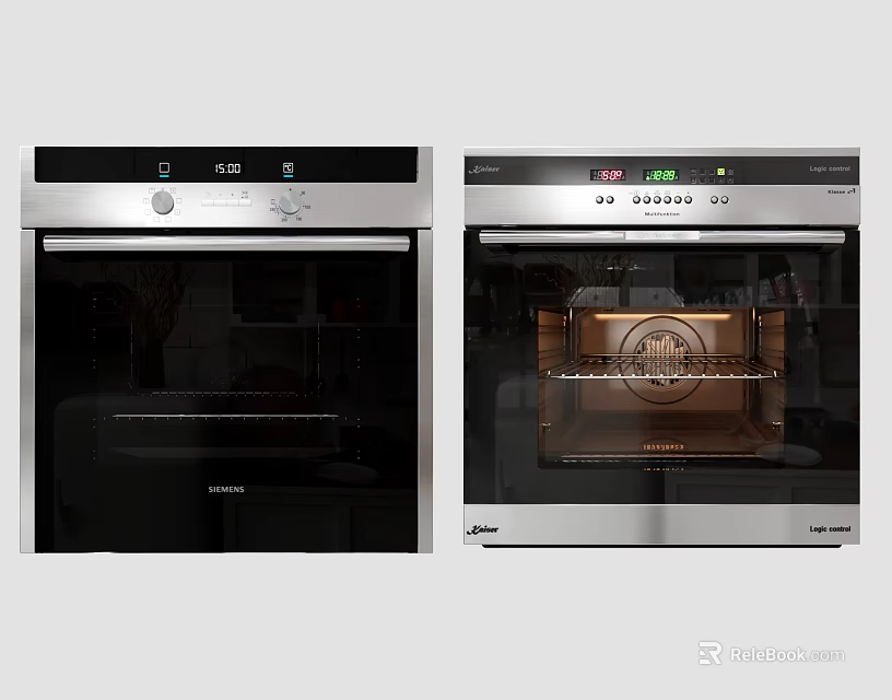 Two Stainless Steel Kitchen Ovens With Control Panel And Open Interior View 3d model 