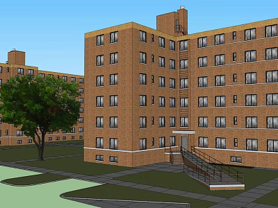 Red Brick Apartment Building With Multiple Windows Lawn Tree And Staircase 3d model
