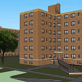 Red Brick Apartment Building With Multiple Windows Lawn Tree And Staircase