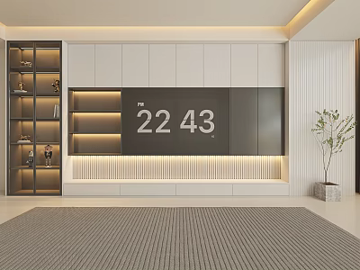 Modern TV Wall Design with White and Dark Cabinets LED Lighting and Decorative Shelves 3d model