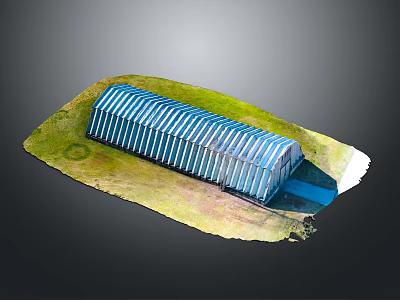 Blue Striped Structure On Green Grass With Dirt Area And Blue Path 3d model
