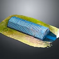 Blue Striped Structure On Green Grass With Dirt Area And Blue Path
