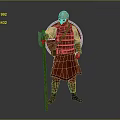 Ancient Warrior In Red Armor With Green Boots Holding Axe And Shield 3d model