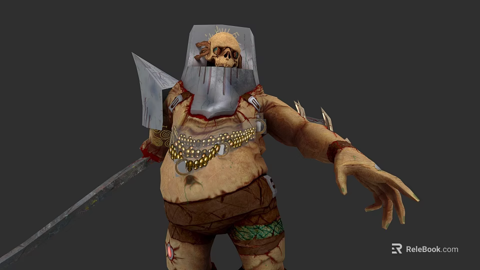 Fantasy Monster Character With Skull Helmet Axe Tattered Armor Bulky Body And Tattoos 3d model 