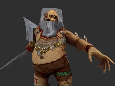 Fantasy Monster Character With Skull Helmet Axe Tattered Armor Bulky Body And Tattoos 3d model