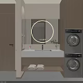 Modern Bathroom Cabinet With Round Backlit Mirror White Sink Storage Shelf And Stacked Washing Machines