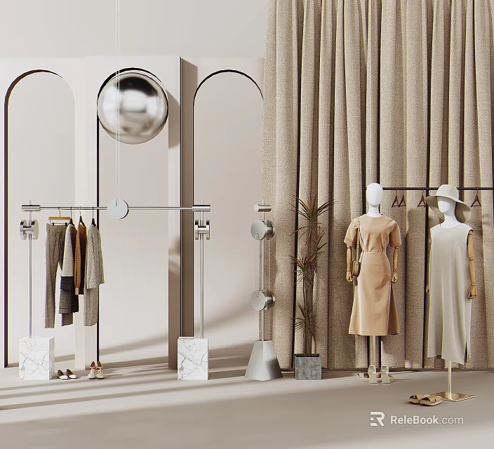 Modern Elegant Clothing Store With Arched Doorways Silver Spherical Decor Clothing Racks And Mannequins 3d model 