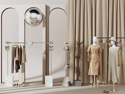 Modern Elegant Clothing Store With Arched Doorways Silver Spherical Decor Clothing Racks And Mannequins 3d model