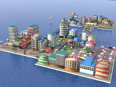 Cartoon Water City Scene With Colorful Buildings Various Architectural Styles Green Trees And Blue Water 3d model