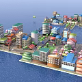 Cartoon Water City Scene With Colorful Buildings Various Architectural Styles Green Trees And Blue Water
