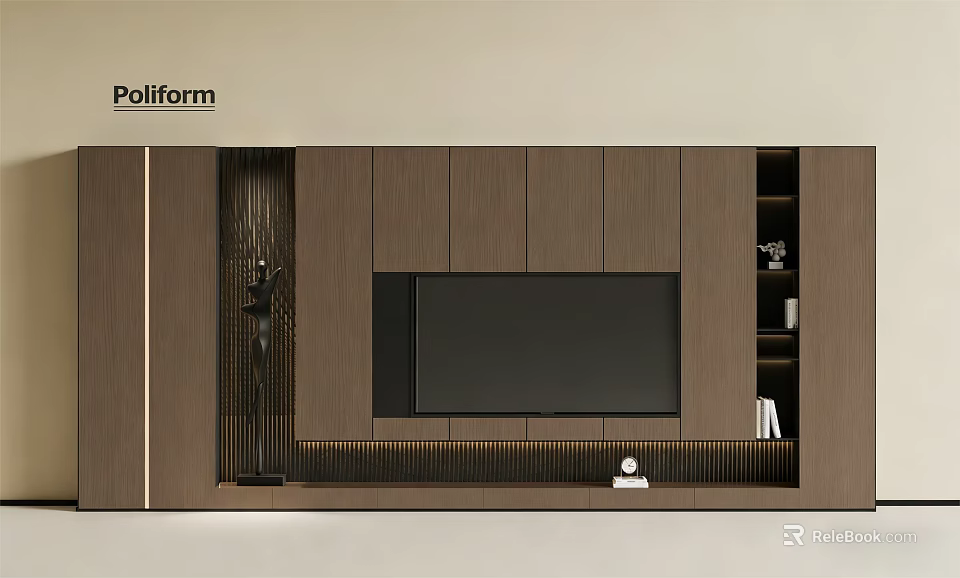 Modern Wooden TV Wall Design With Built-in TV And Storage Shelves 3d model 