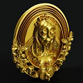Golden Vintage Decorative Ornament Set With Oval Frame Female Head Sculpture And Intricate Floral Patterns