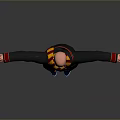 Man in black robe red yellow striped scarf red vest blue sneakers with arms outstretched