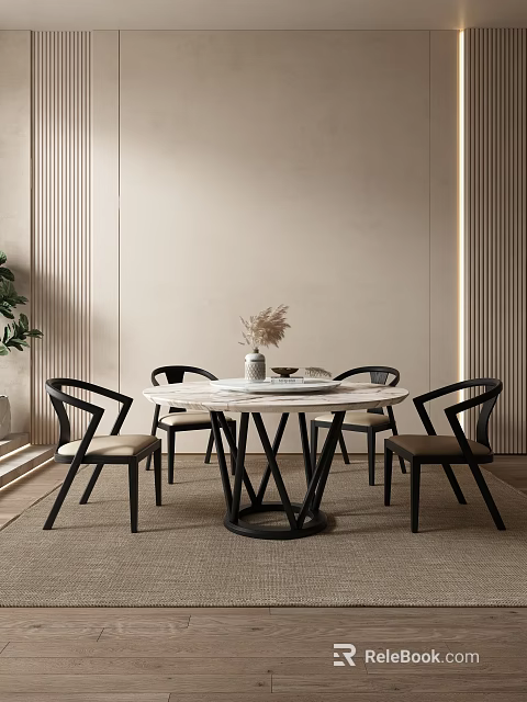 Modern Round Dining Table Set with White Marble Top Black Legs and Beige Cushion Chairs 3d model 