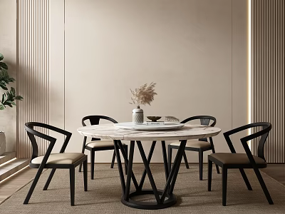 Modern Round Dining Table Set with White Marble Top Black Legs and Beige Cushion Chairs 3d model