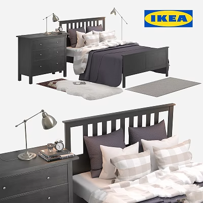 Stylish Modern Bedroom Setup Featuring Dark Bed Nightstand Table Lamp Alarm Clock Pillows And Rugs 3d model