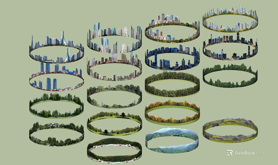 Various Circular Landscape Designs Featuring Urban Skyline And Natural Scenery 3d model 