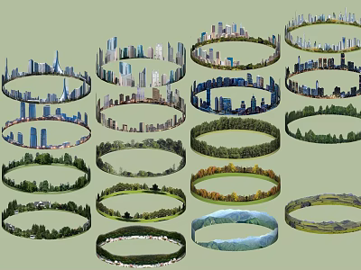 Various Circular Landscape Designs Featuring Urban Skyline And Natural Scenery 3d model