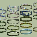 Various Circular Landscape Designs Featuring Urban Skyline And Natural Scenery