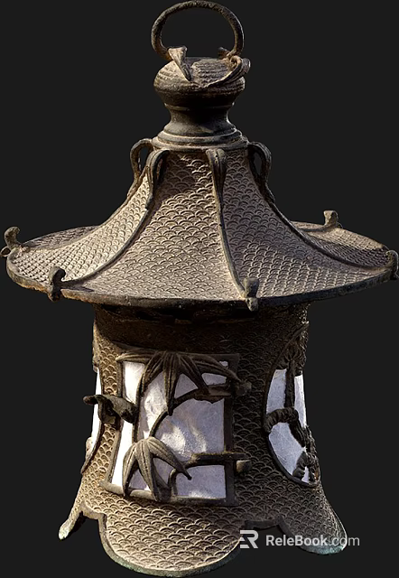 Traditional Chinese Lantern With Pagoda Style Top And Antique Bronze Metal Bat Carvings Linen Shade 3d model 