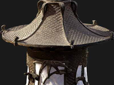 Traditional Chinese Lantern With Pagoda Style Top And Antique Bronze Metal Bat Carvings Linen Shade 3d model