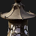 Traditional Chinese Lantern With Pagoda Style Top And Antique Bronze Metal Bat Carvings Linen Shade