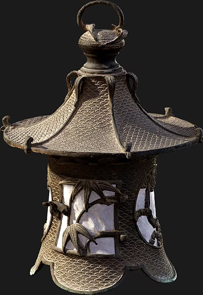 Traditional Chinese Lantern With Pagoda Style Top And Antique Bronze Metal Bat Carvings Linen Shade 3d model