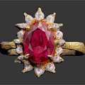 Elegant Gold Ring With Large Red Gemstone And Surrounding White Stones 3d model