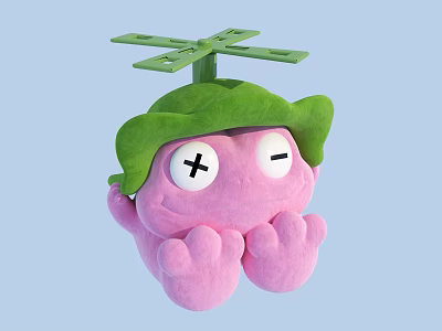 Cute Pink Frog Plush Toy With Green Propeller Hat And Cross Line Eyes 3d model