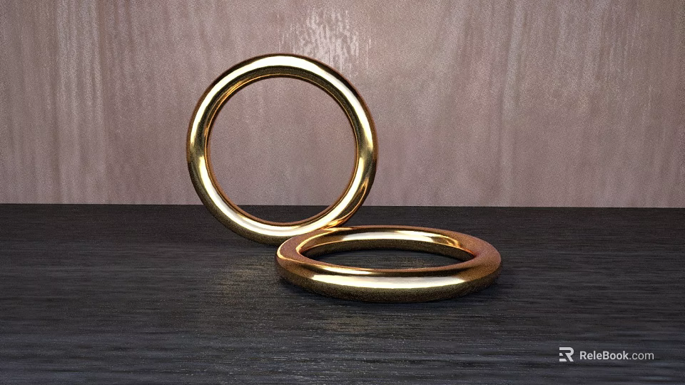 Polished Golden Bracelets Displayed On Dark Surface With Wooden Background 3d model 