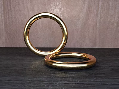 Polished Golden Bracelets Displayed On Dark Surface With Wooden Background 3d model