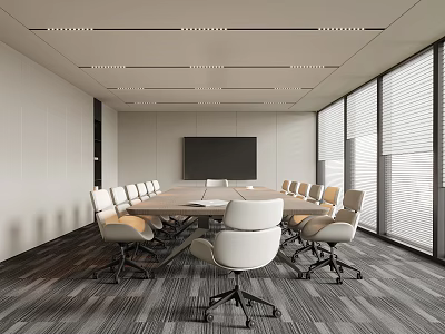 Modern Conference Table With White Chairs Large Screen And Windows In Meeting Room 3d model
