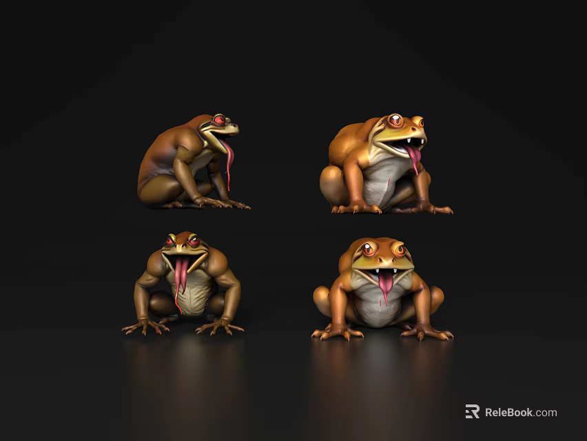 Aquatic Frog 3D Models In Different Poses With Sticking Tongues Brown Yellow On Black Background 3d model 