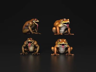 Aquatic Frog 3D Models In Different Poses With Sticking Tongues Brown Yellow On Black Background 3d model