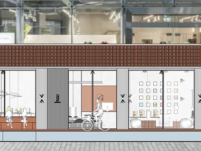 Modern Specialty Store Front With Glass Windows Display Shelves Bicycle And Decor Items 3d model