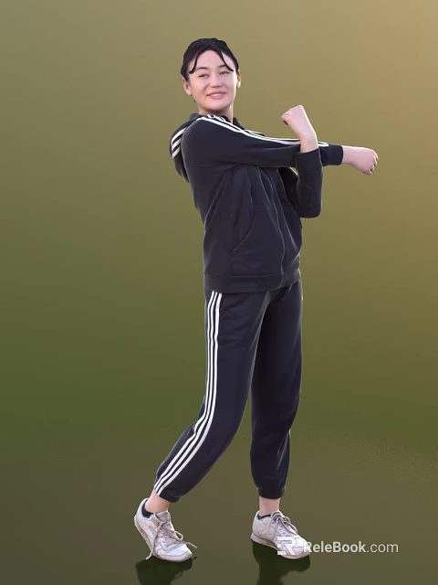 Woman In Black Tracksuit With White Stripes Performing Stretching Against Green Background 3d model 