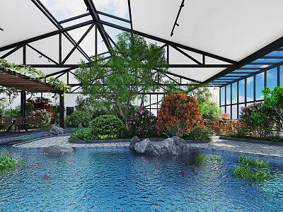 Lush Indoor Landscape With Pool Rocks Green Plants And Glass Roof Structure 3d model