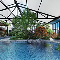 Lush Indoor Landscape With Pool Rocks Green Plants And Glass Roof Structure