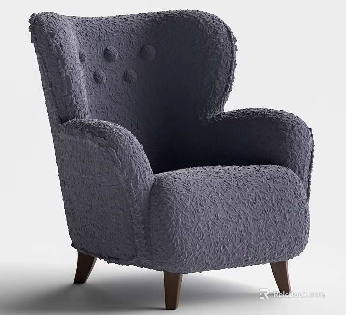 Cozy Navy Blue Plush Armchair with Button Tufted Backrest and Wooden Legs 3d model 