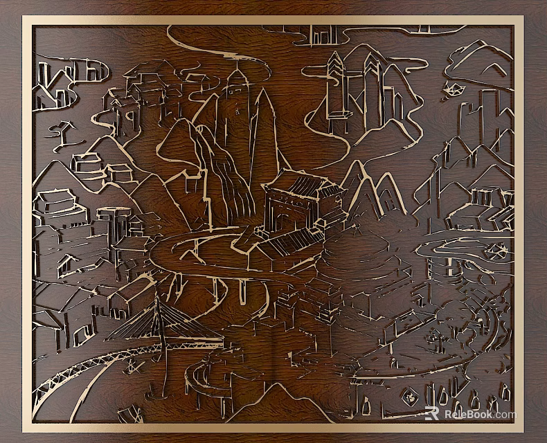 Traditional Wooden Carving Artwork With Intricate Landscape Architecture Figures Design 3d model 