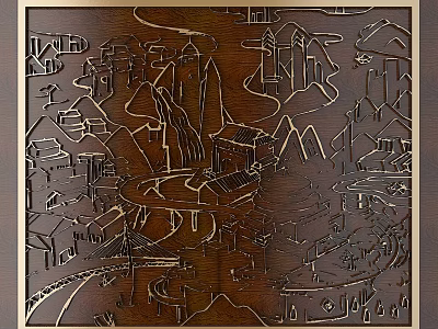 Traditional Wooden Carving Artwork With Intricate Landscape Architecture Figures Design 3d model