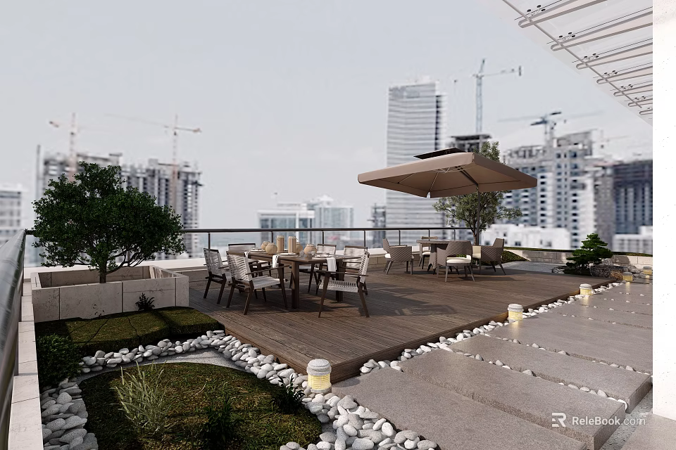 Rooftop Terrace Design with Outdoor Dining Set Umbrella and City Skyline View 3d model 