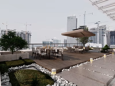 Rooftop Terrace Design with Outdoor Dining Set Umbrella and City Skyline View 3d model