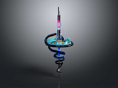 Futuristic Spiral Tower Structure With Blue Purple Lights And Tech Components 3d model