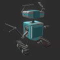 Blue Square Robot Character With Tracked Legs Antennas And Mechanical Arms