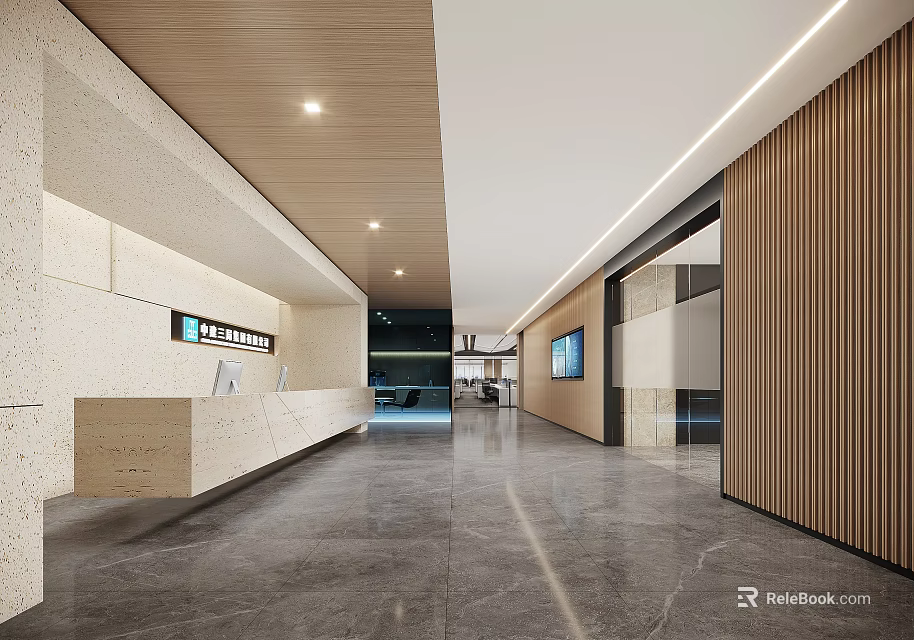 Spacious Modern Office Reception Area With Polished Marble Counter And Warm Natural Wood Interior Design 3d model 