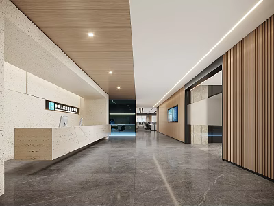 Spacious Modern Office Reception Area With Polished Marble Counter And Warm Natural Wood Interior Design 3d model