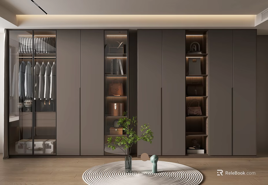 Modern Walk in Closet Interior With Gray Cabinetry Glass Doors And Built in Shelves 3d model 